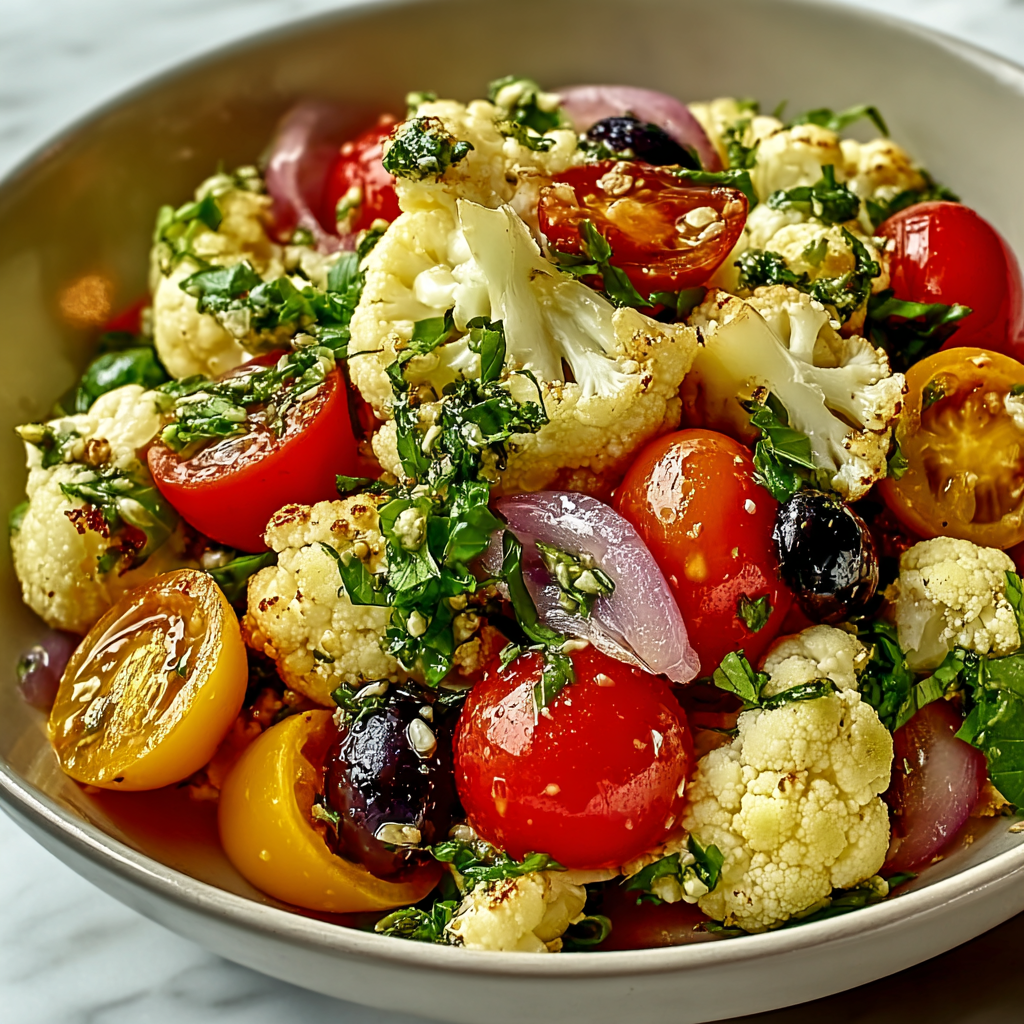 Close-up of cauliflower, tomatoes, and herbs