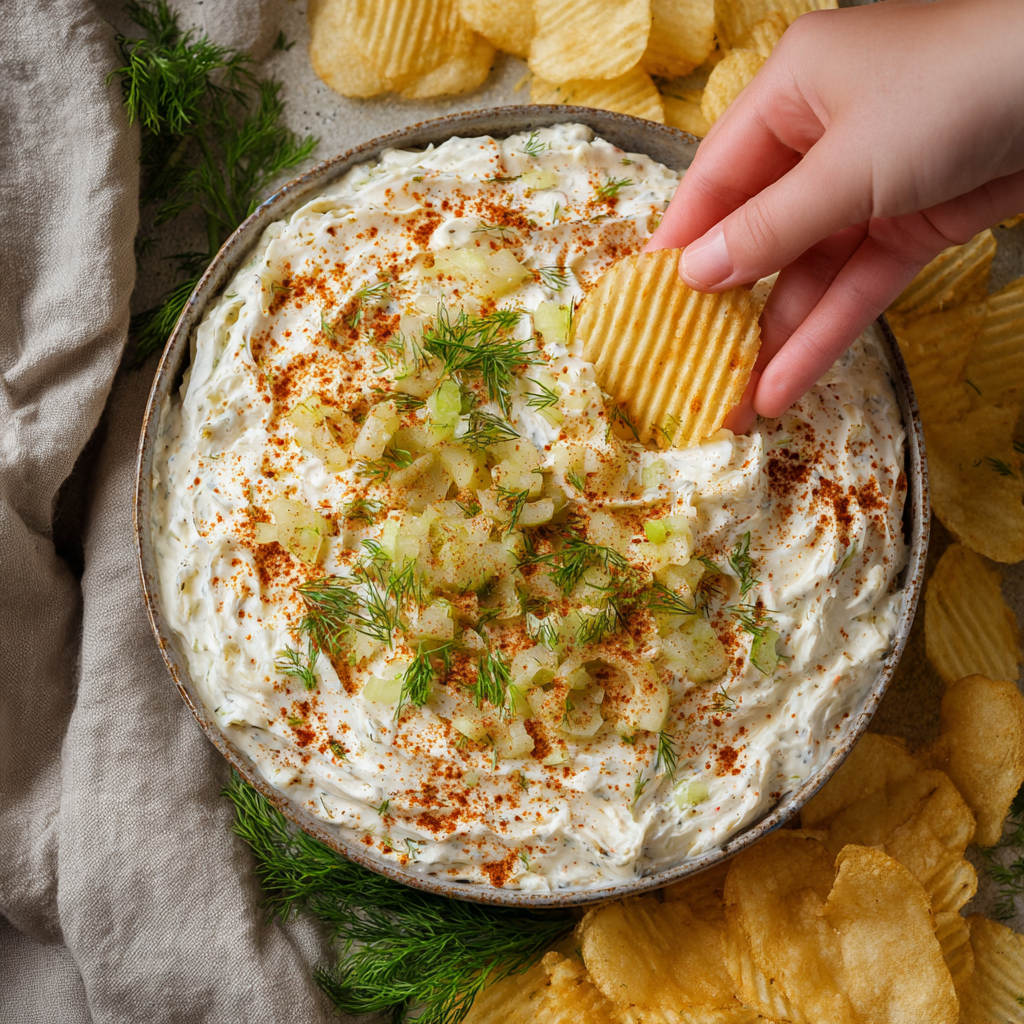 Fried pickle dip served with chips and garnished with dill