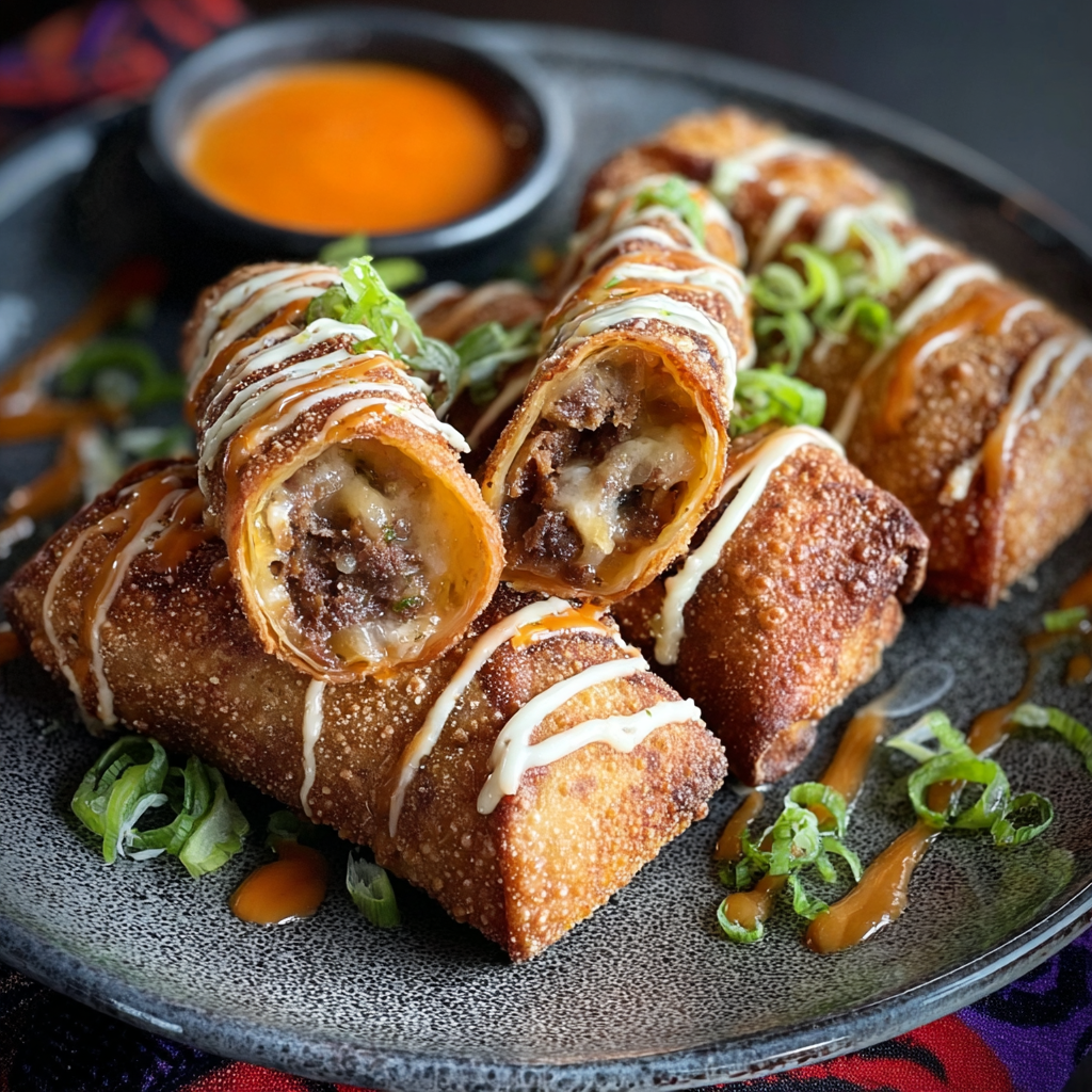 Close up of a voodoo egg roll cut open showing filling