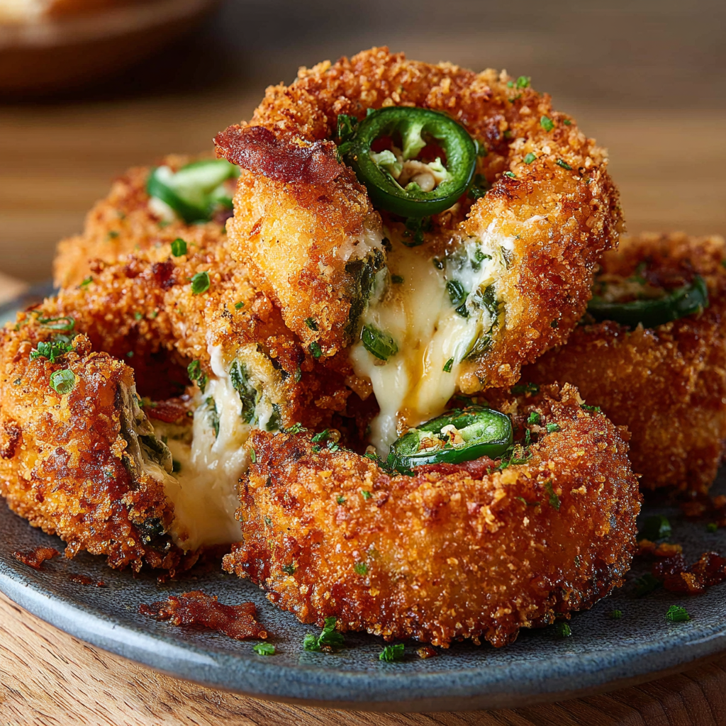 Golden stuffed onion rings cooling on a rack