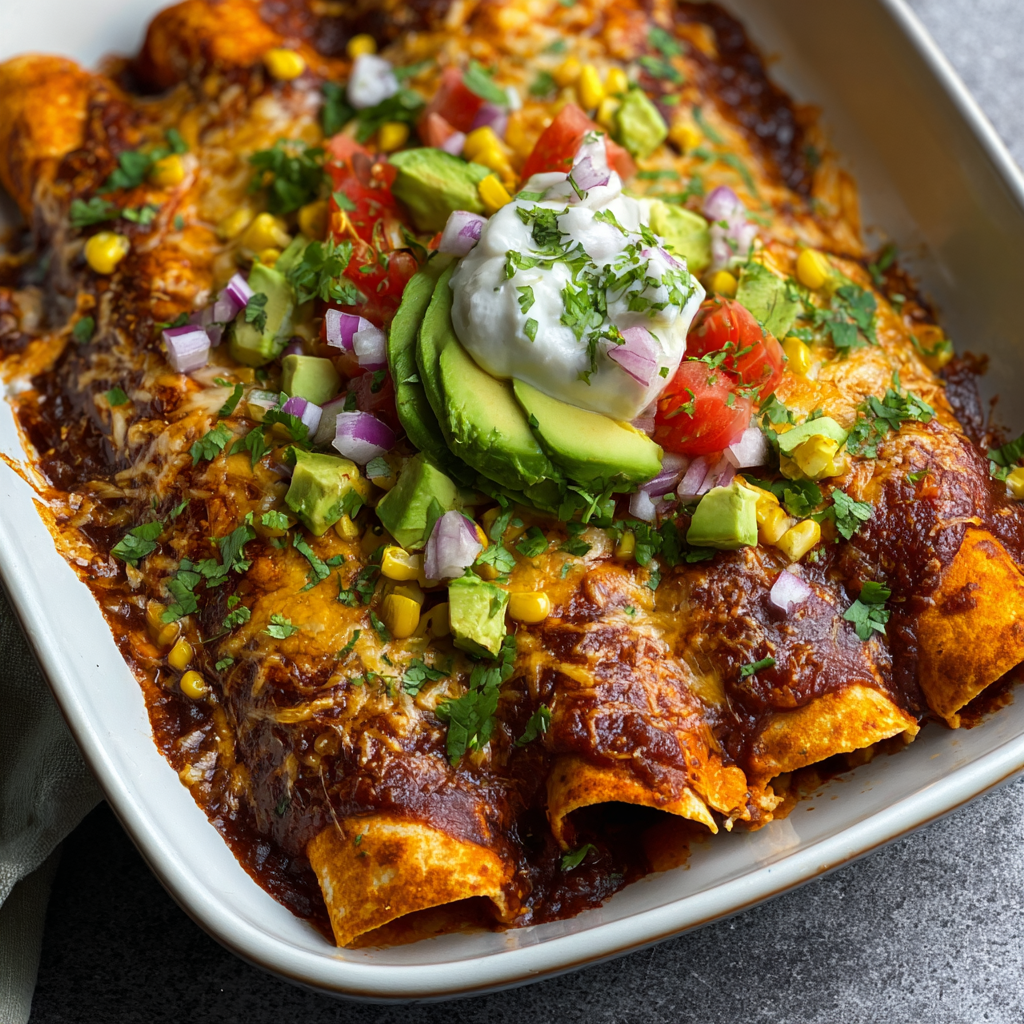 Baked sweet potato, corn, and black bean enchiladas fresh from the oven