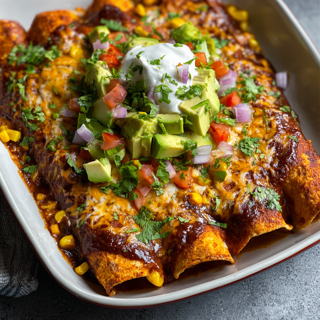 Plated enchiladas with avocado slices and cilantro garnish