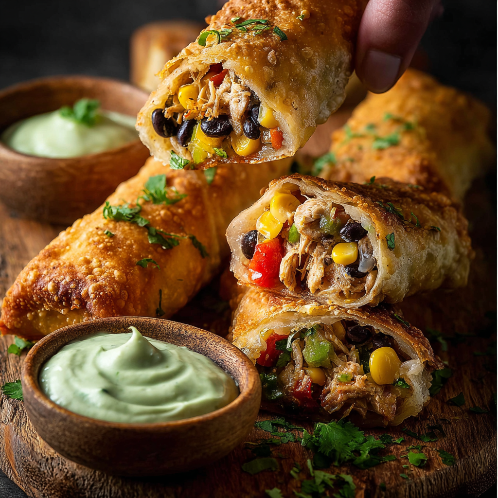 Plated Southwest eggrolls with dipping sauce