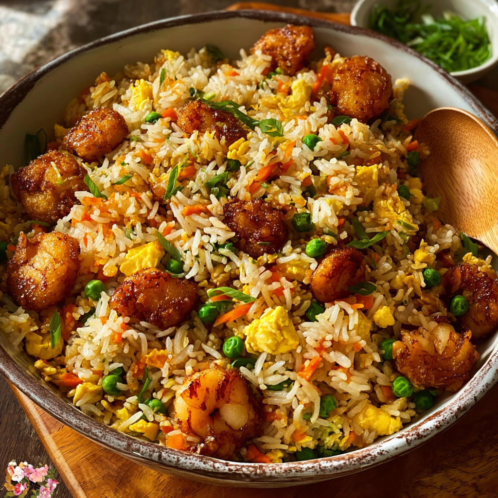 Bang bang chicken fried rice in a skillet with green onions