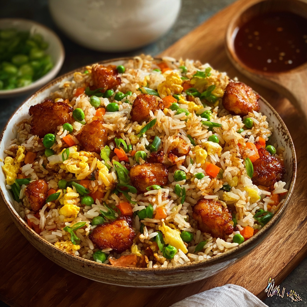 Close-up of bang bang chicken fried rice with green peas