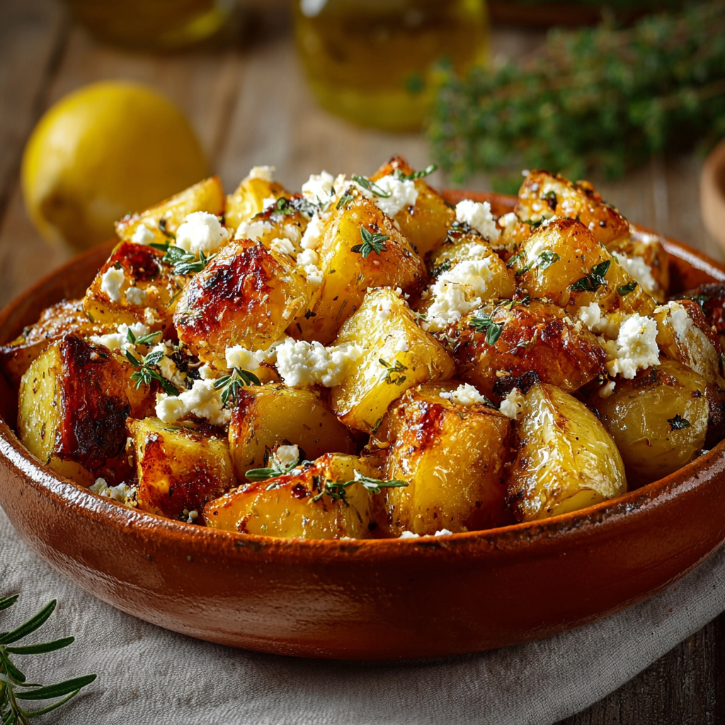 Baked feta potatoes in a ceramic dish with lemon wedges