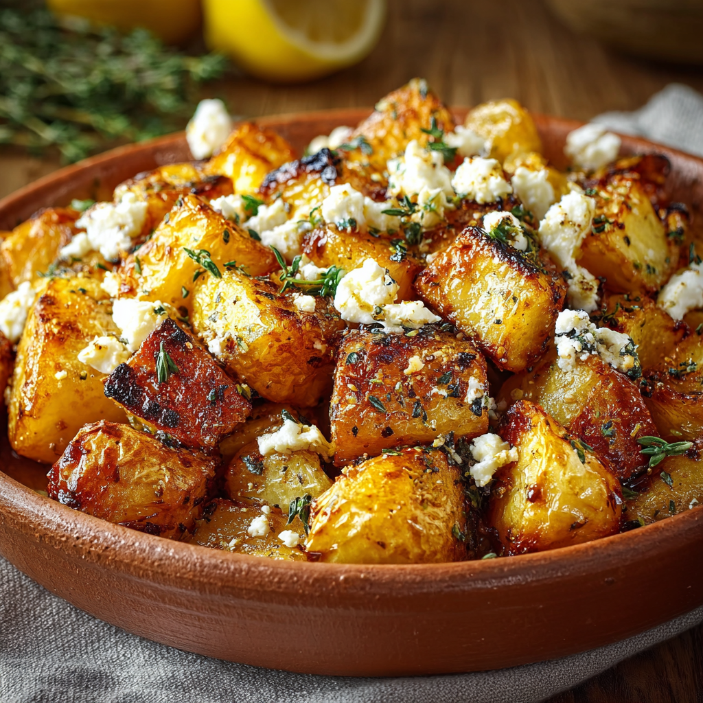 Close up of golden baked potatoes topped with crumbled feta and thyme