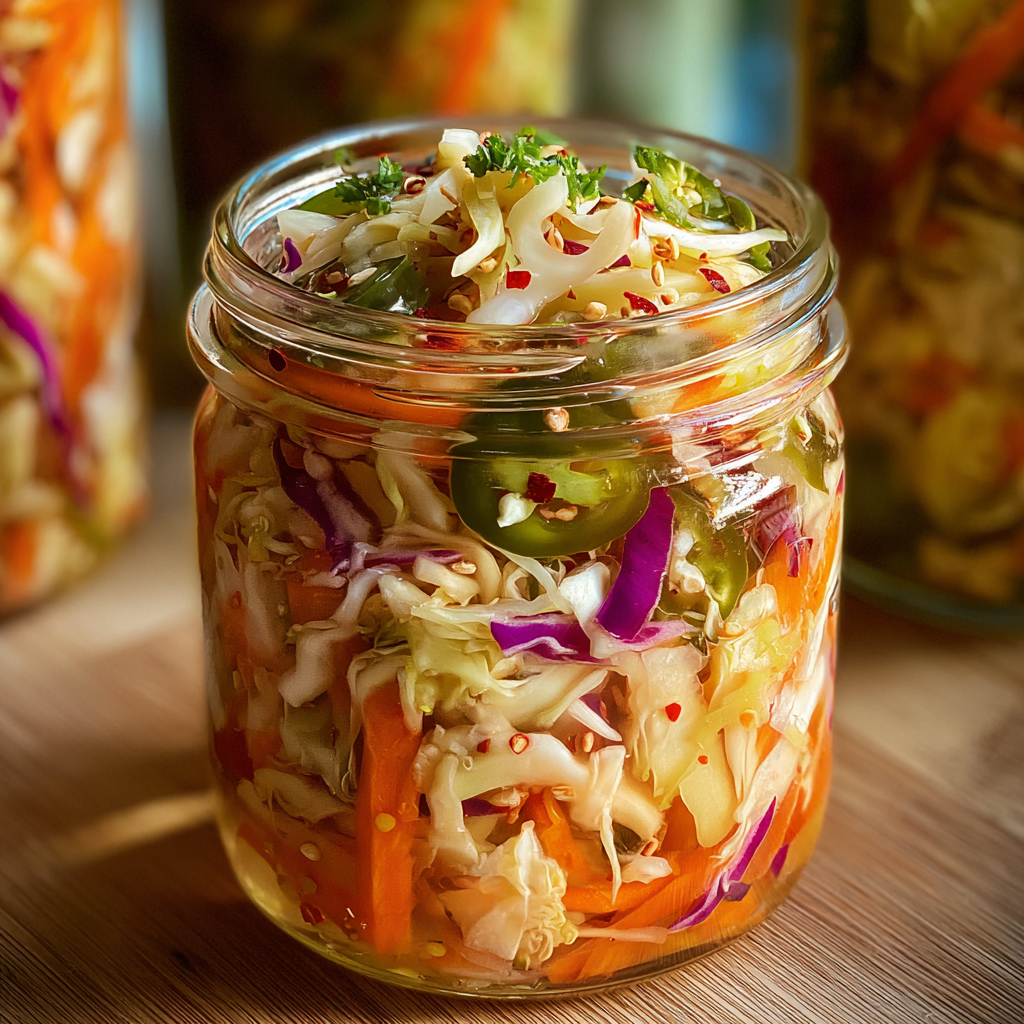 Sweet and spicy pickle slaw in a bowl