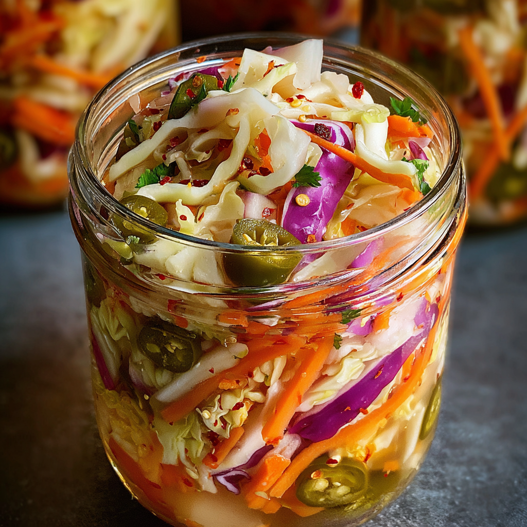 Close up of chilled pickled slaw ready to serve