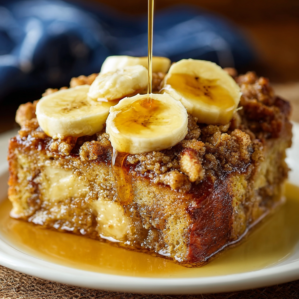 Golden baked banana french toast with streusel