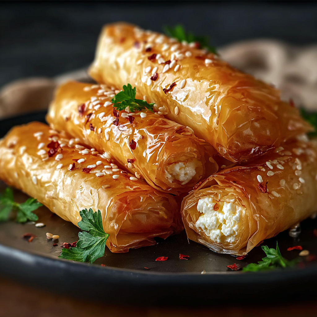 Golden baked feta rolls with drizzle of chili honey