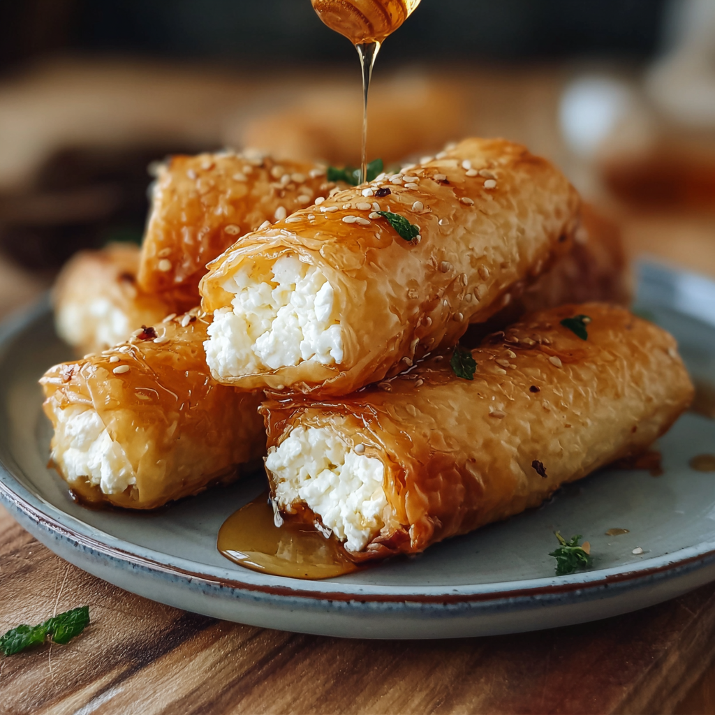 Phyllo strips and filling on a work surface