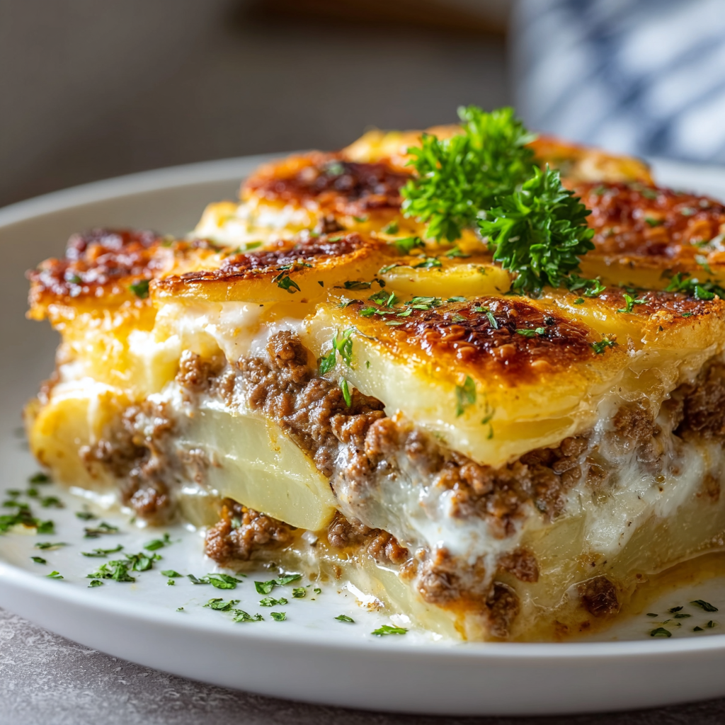 Casserole fresh out of oven with melted cheese