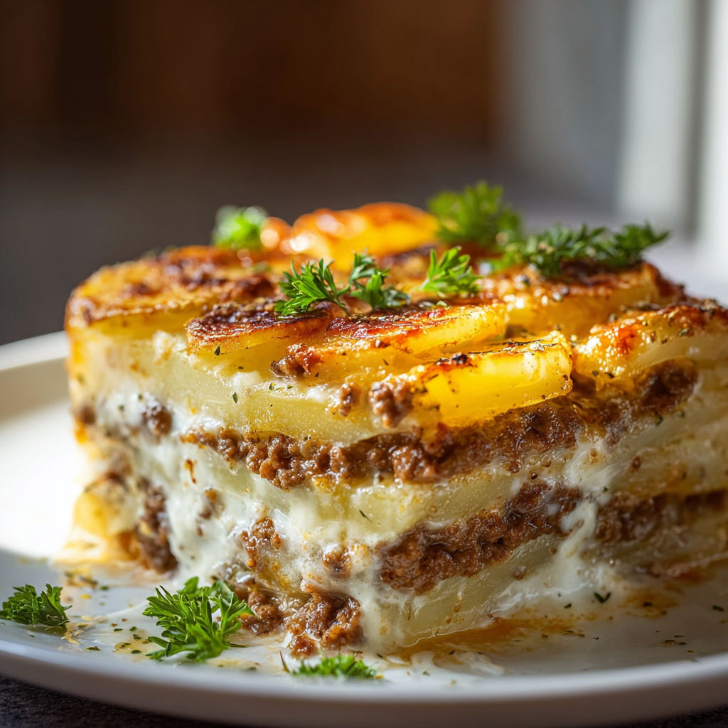 Serving of cheesy potato casserole plated