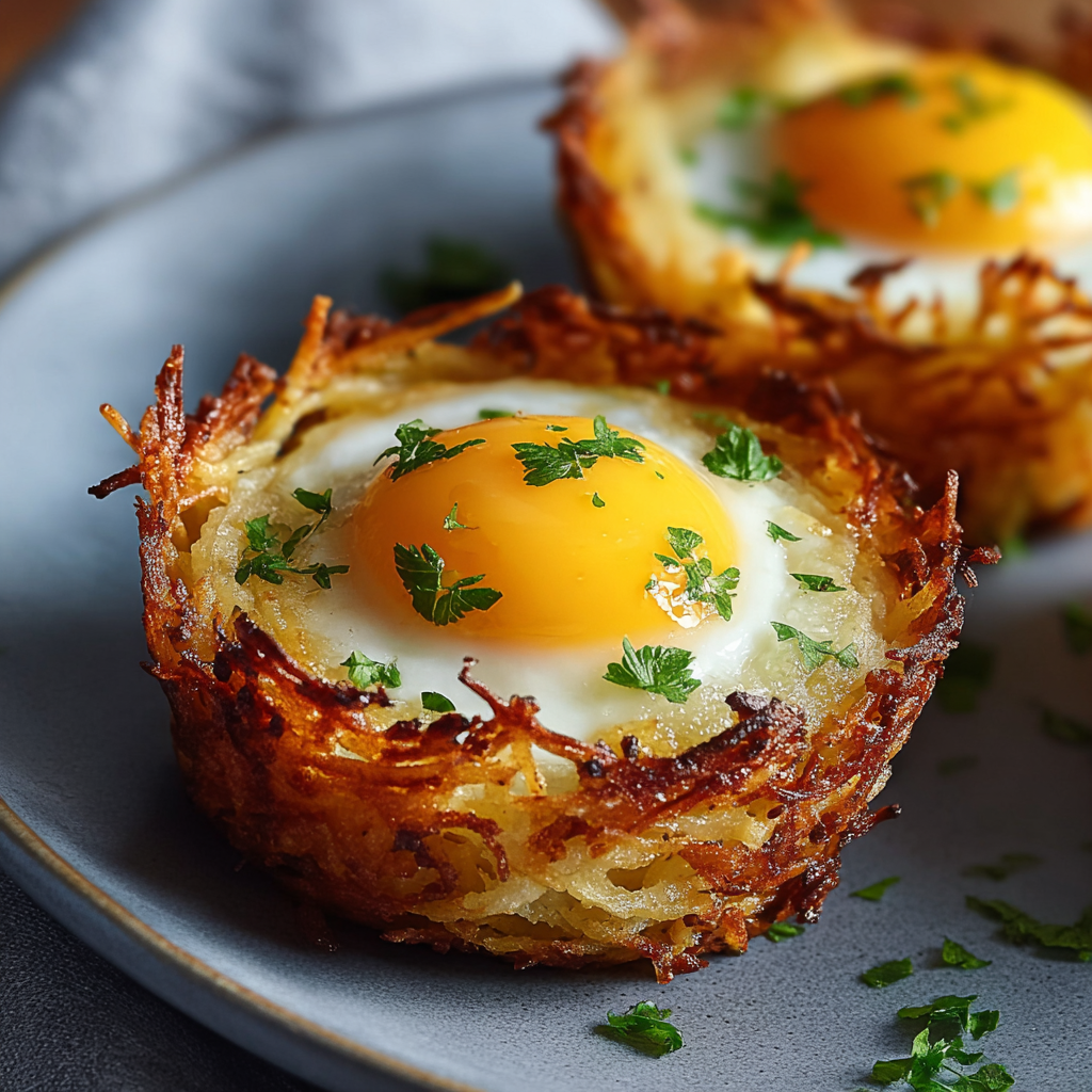 Hash brown basket with baked egg center