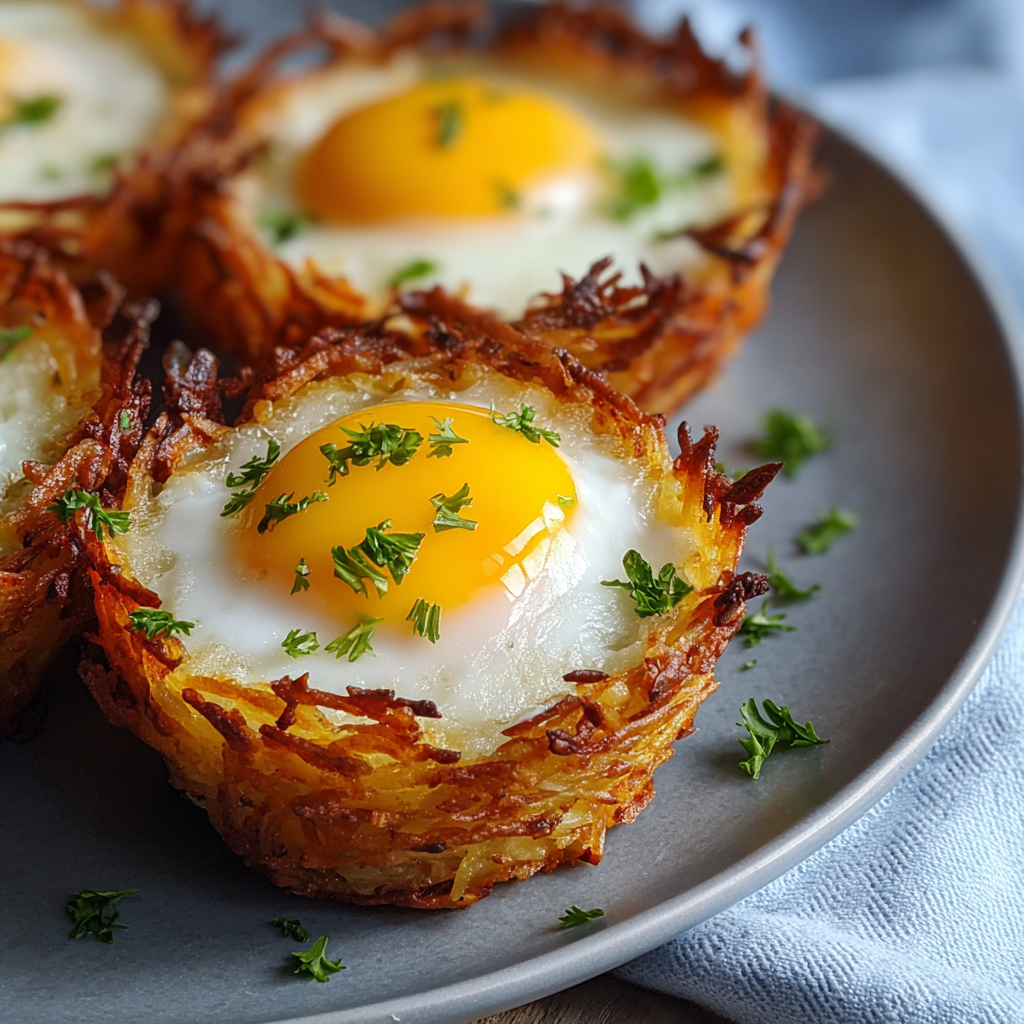 Baked hash brown nests cooling in a muffin tin