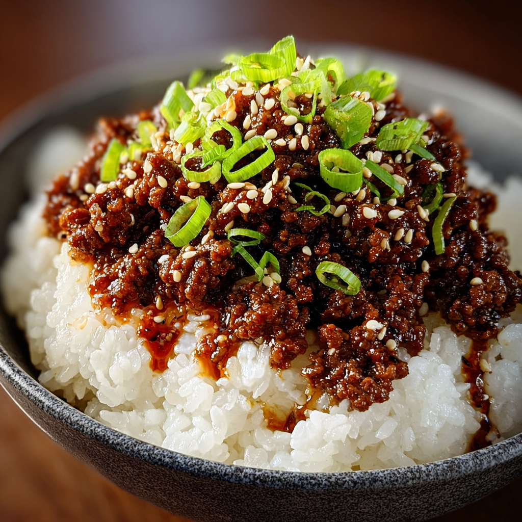 Finished ground beef hot honey bowl with scallions