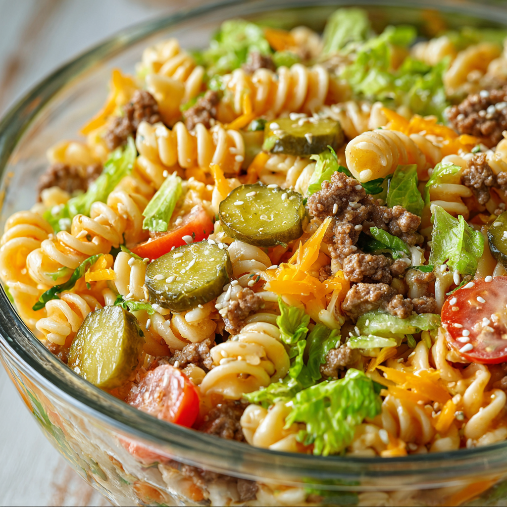 Big Mac Pasta Salad plated with sesame seed garnish