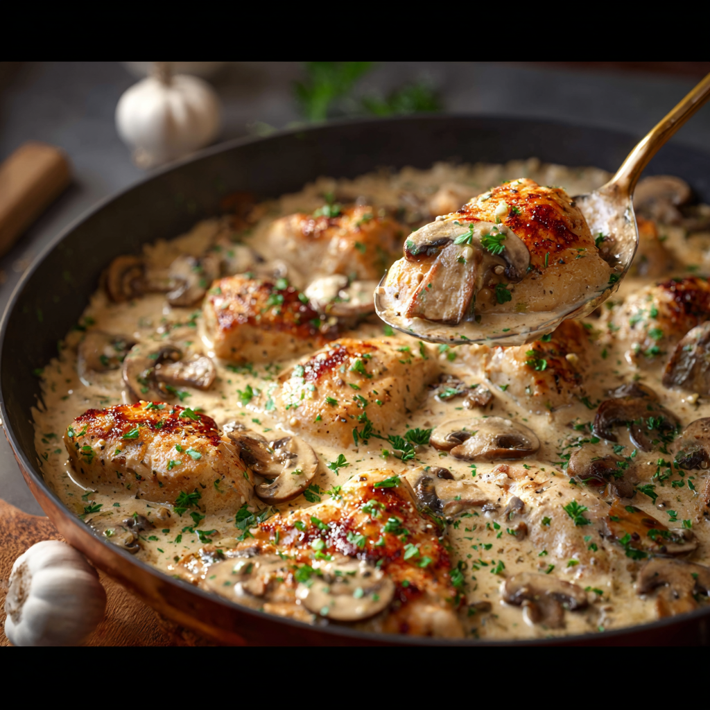 Pan-seared chicken with creamy mushroom sauce in skillet