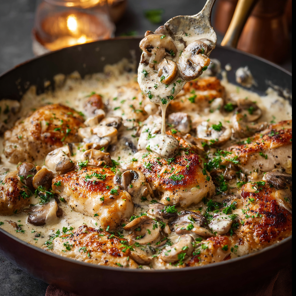 Close-up of creamy mushroom sauce spooned over chicken