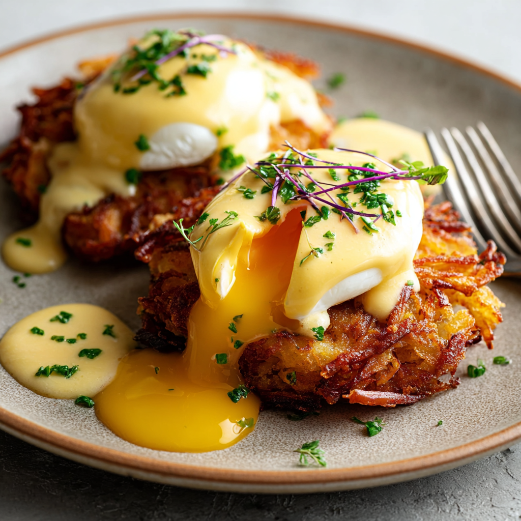 Crisp latkes stacked and topped with a poached egg and hollandaise