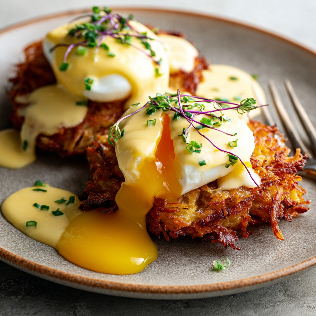 Close-up of hollandaise being drizzled over a poached egg