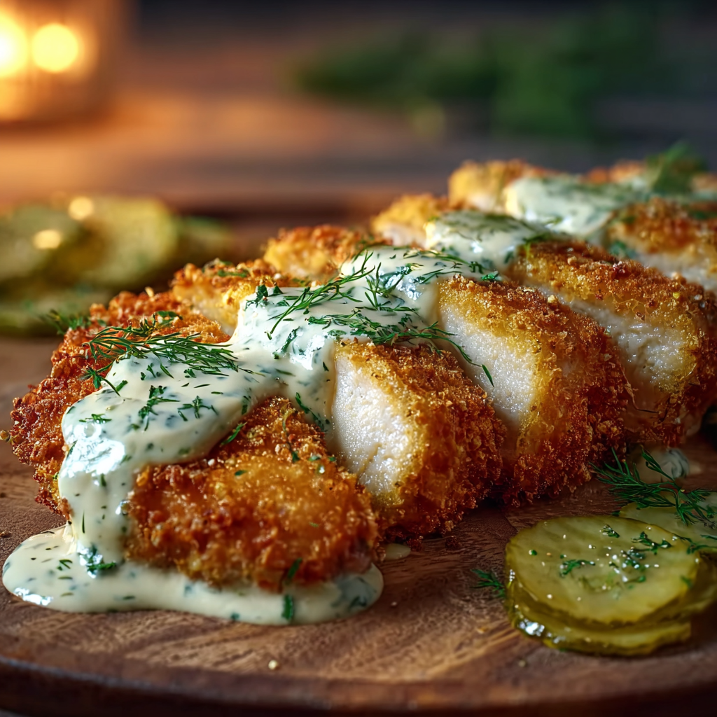 Crispy Dill Pickle Parmesan Chicken in skillet, golden crust