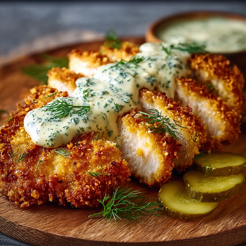 Plated Crispy Dill Pickle Parmesan Chicken with dill garnish