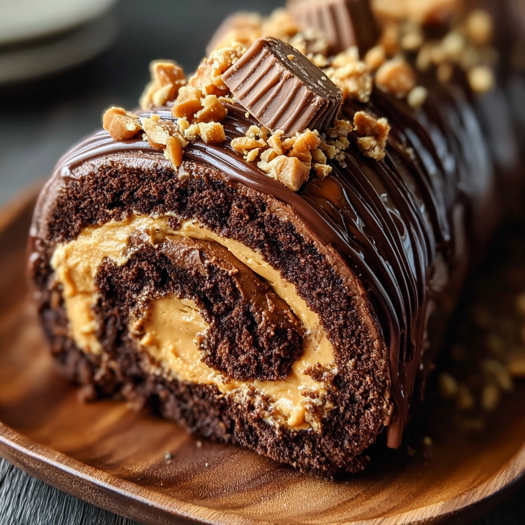 Chocolate roll with peanut butter filling sliced on a board
