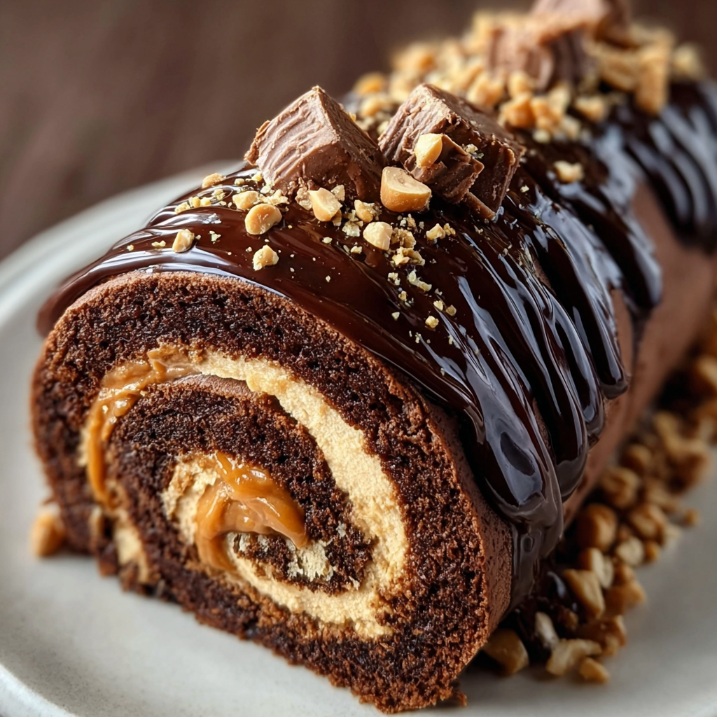 Close-up of peanut butter cup pieces and ganache drizzle