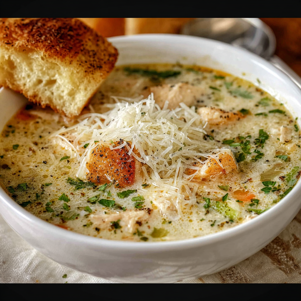 Creamy garlic Parmesan chicken soup in a bowl