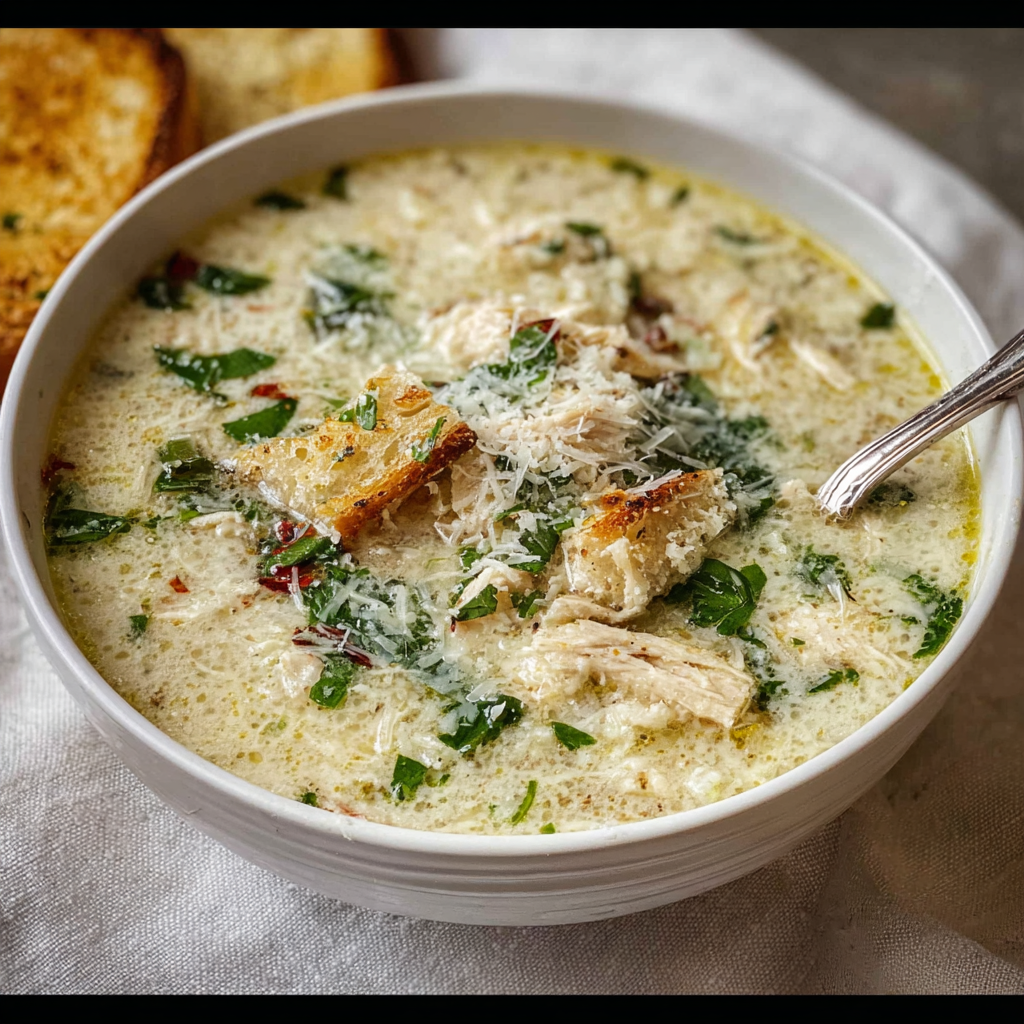 Spoon lifting creamy soup with parsley garnish