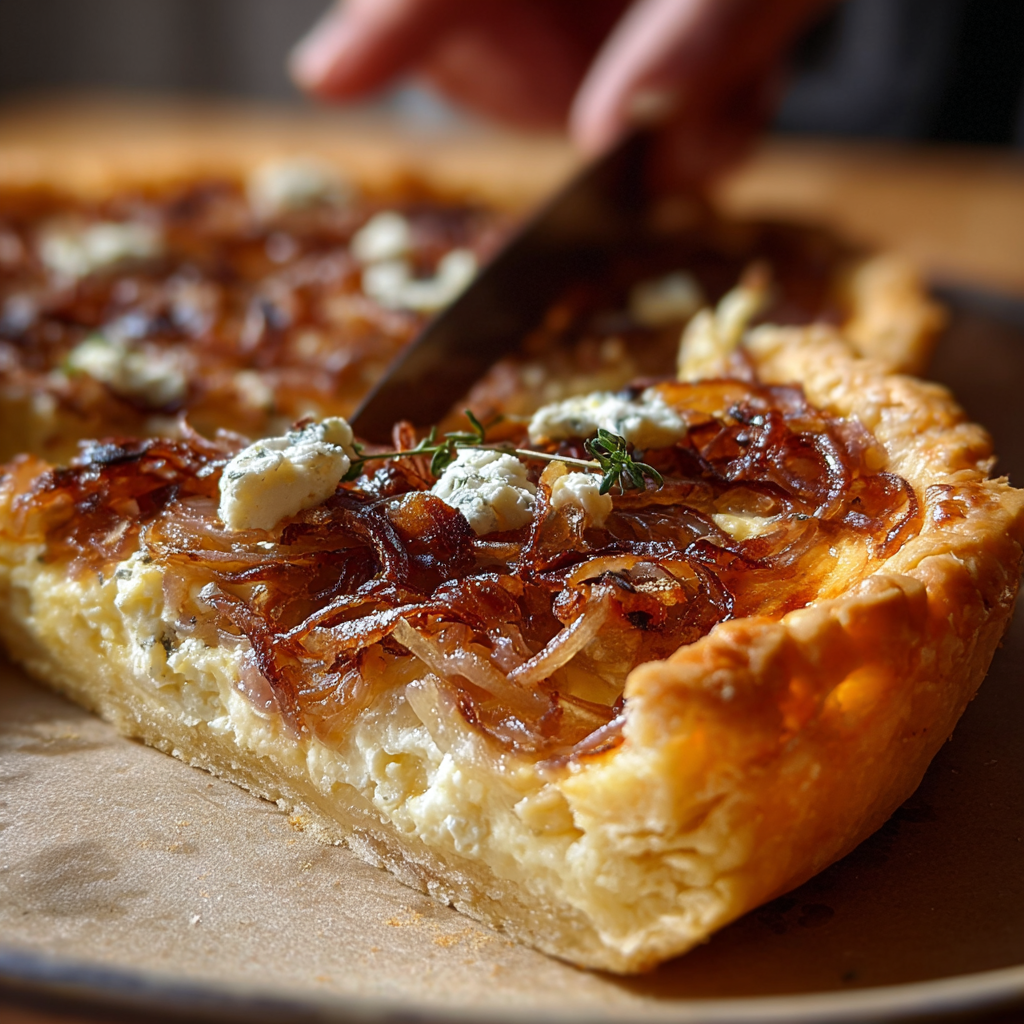Golden puff pastry tarts topped with caramelized onions and goat cheese