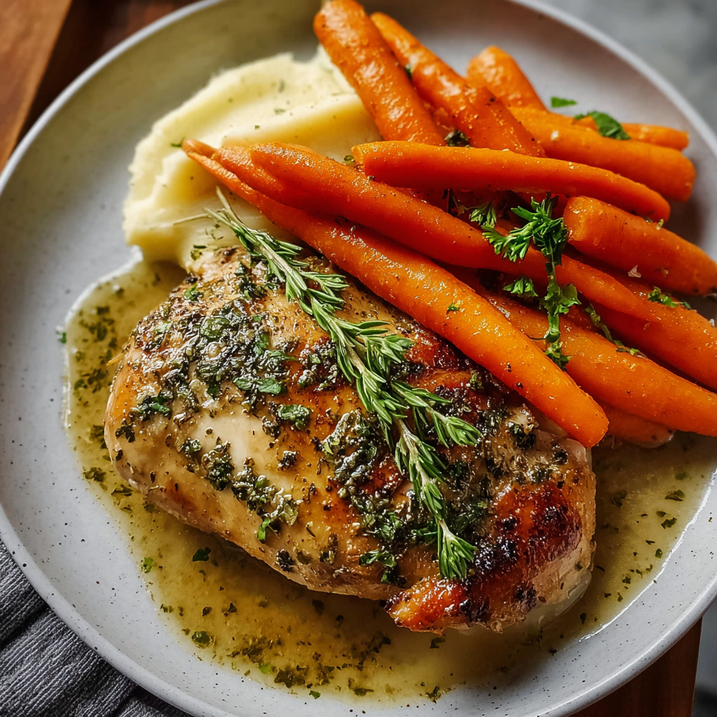 Garlic herb chicken and roasted baby carrots in a baking dish