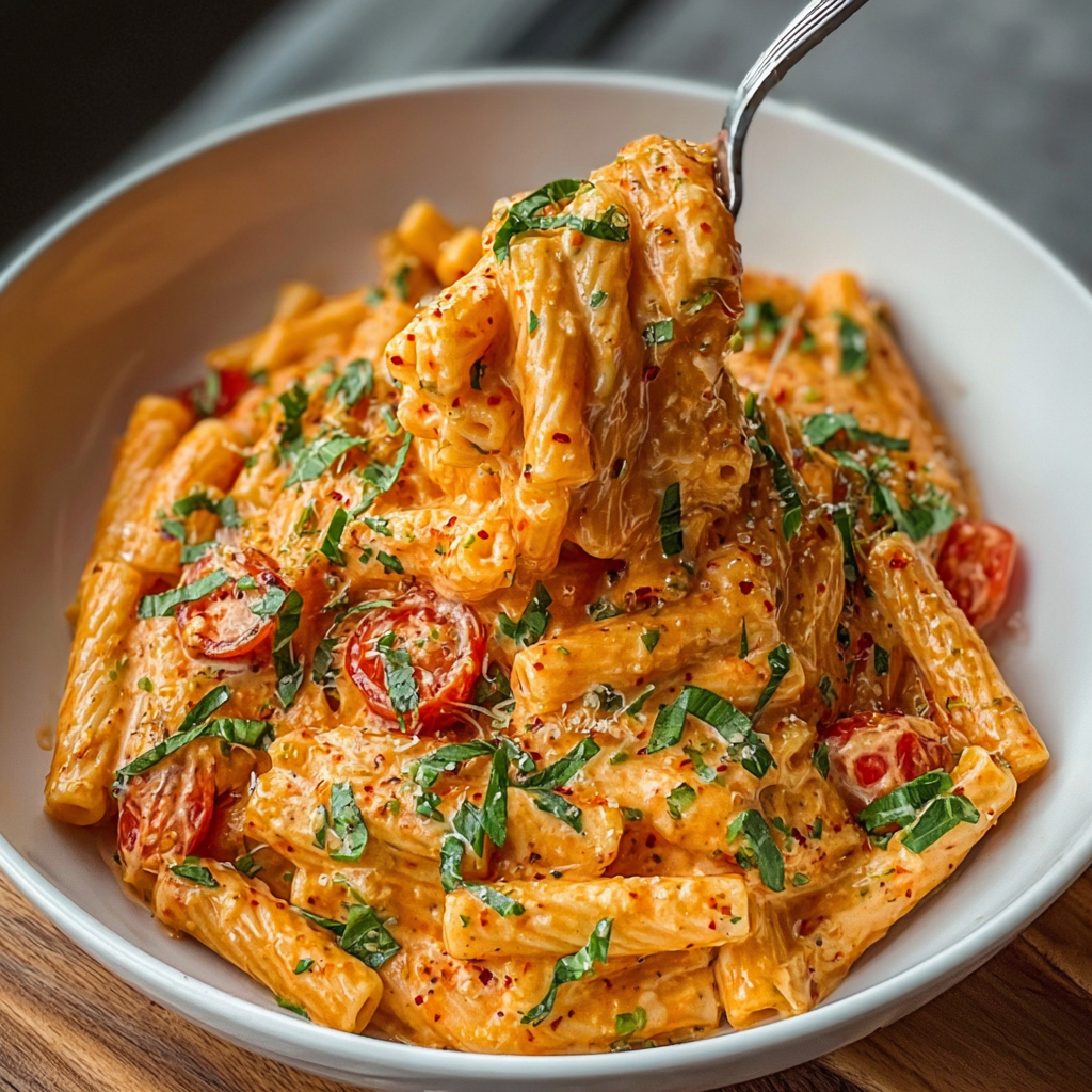 Bowls of creamy tomato garlic pasta ready to serve