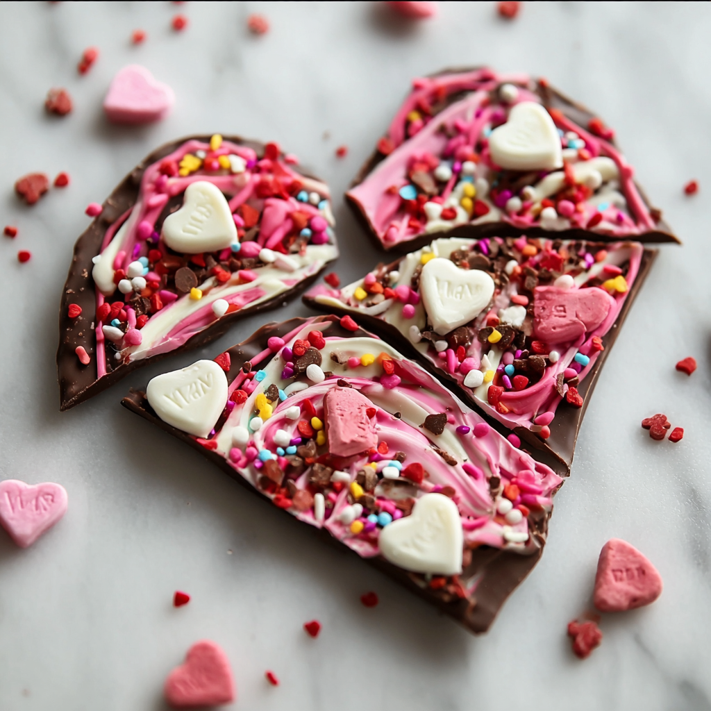 Valentine's chocolate bark on parchment with cranberries and almonds