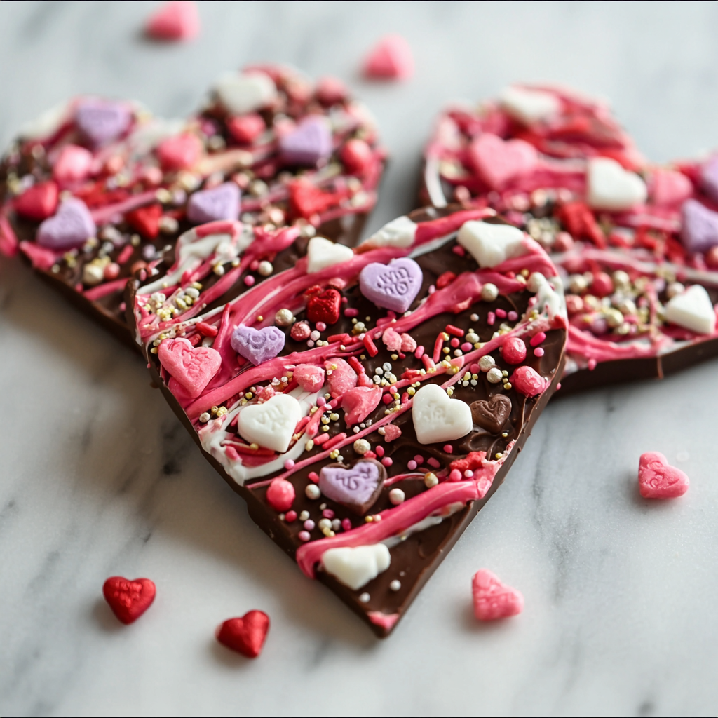 Close-up of chocolate bark with sprinkles and marshmallows