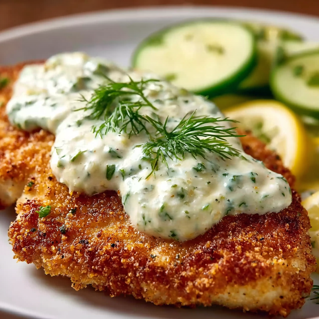 Plated dill pickle parmesan chicken with greens