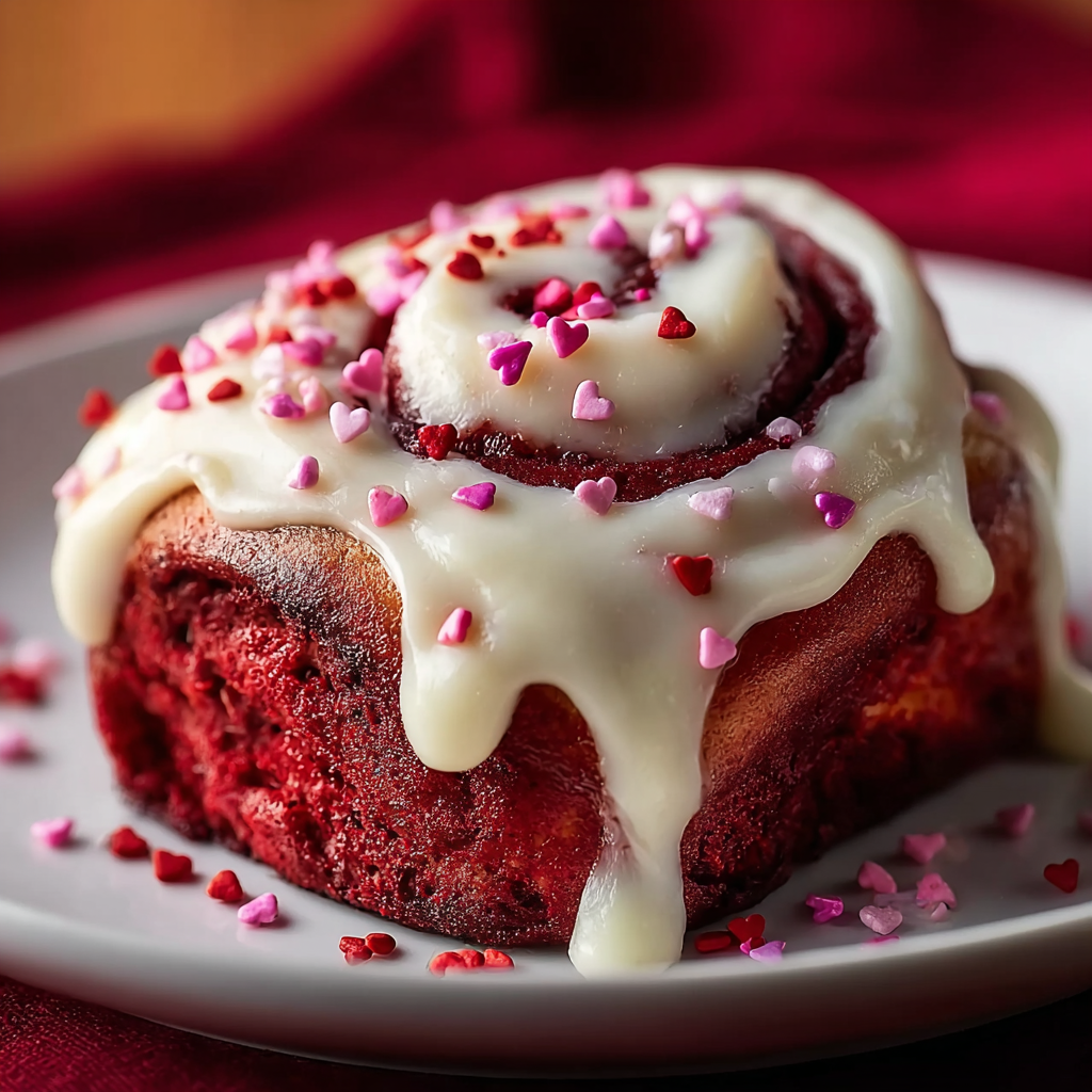 Red velvet cinnamon rolls cooling in a pan