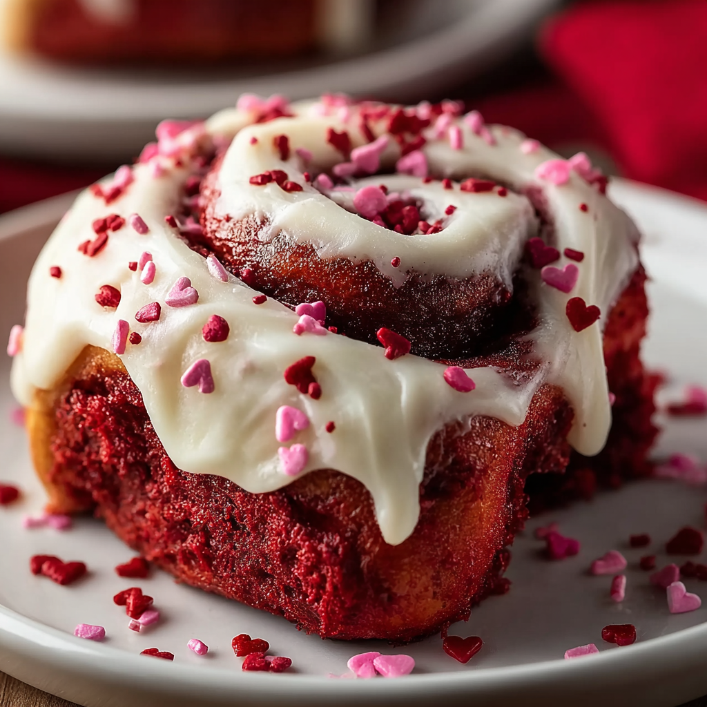 Close-up of frosted red velvet cinnamon roll