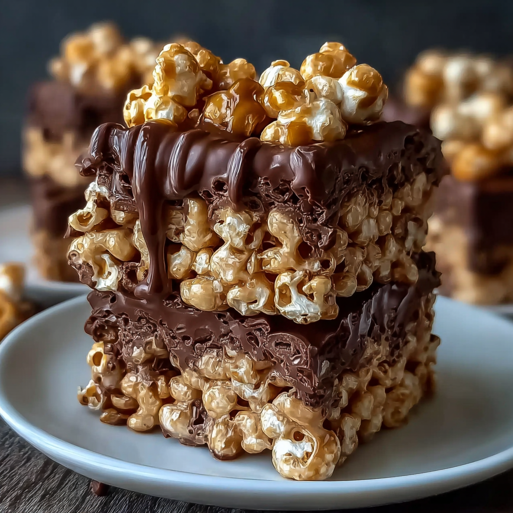 Stack of peanut butter chocolate rice krispie squares