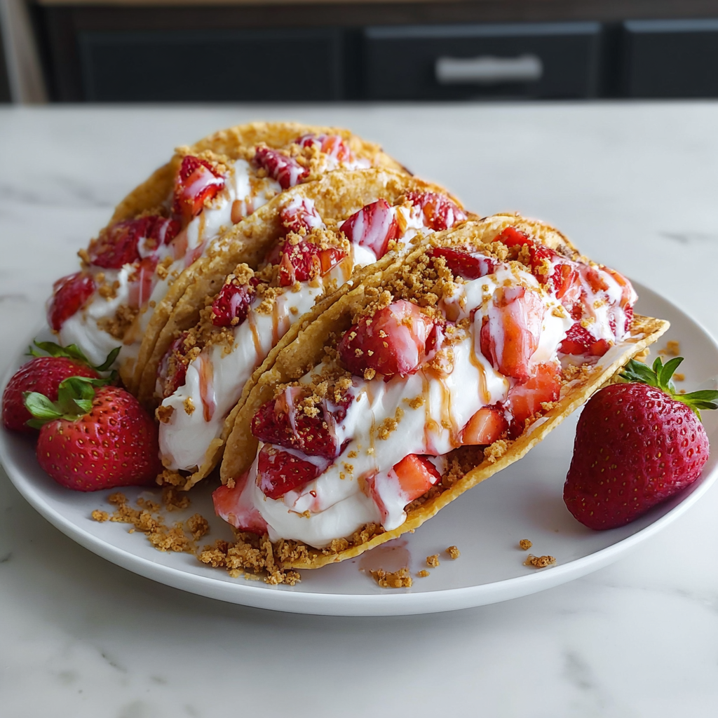 Strawberry Crunch Cheesecake Taco on plate