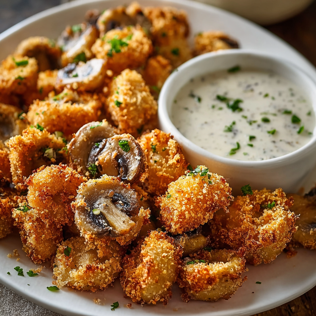 Breaded portobello mushrooms arranged in an air fryer basket