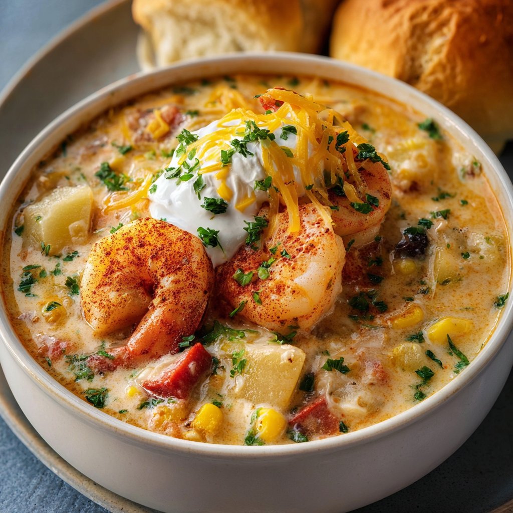 Creamy seafood and shrimp chili in a bowl