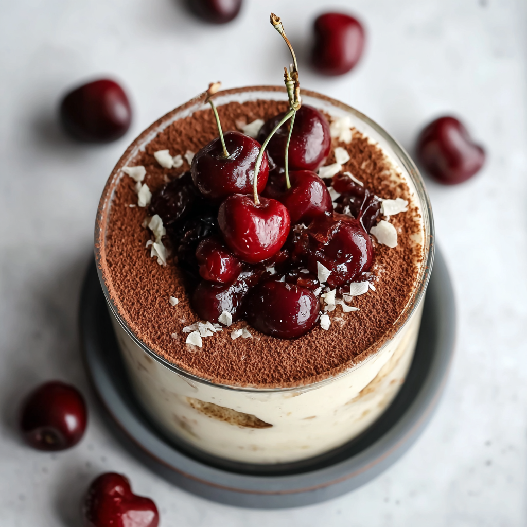 Cherry Amaretto Tiramisu in a glass dish with chocolate shavings