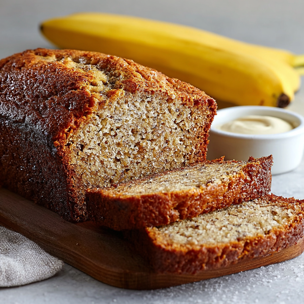 Banana bread slice on wooden board