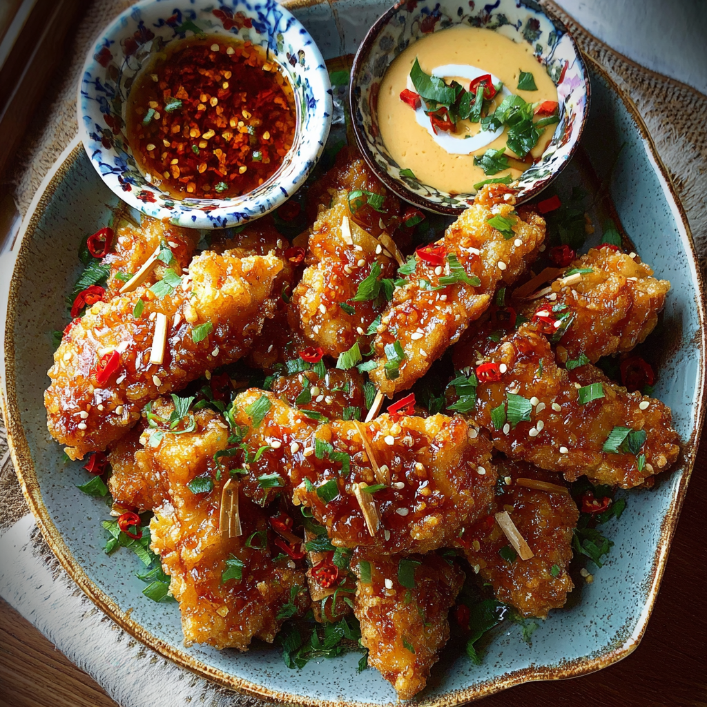 Crispy Bang Bang Chicken on a platter