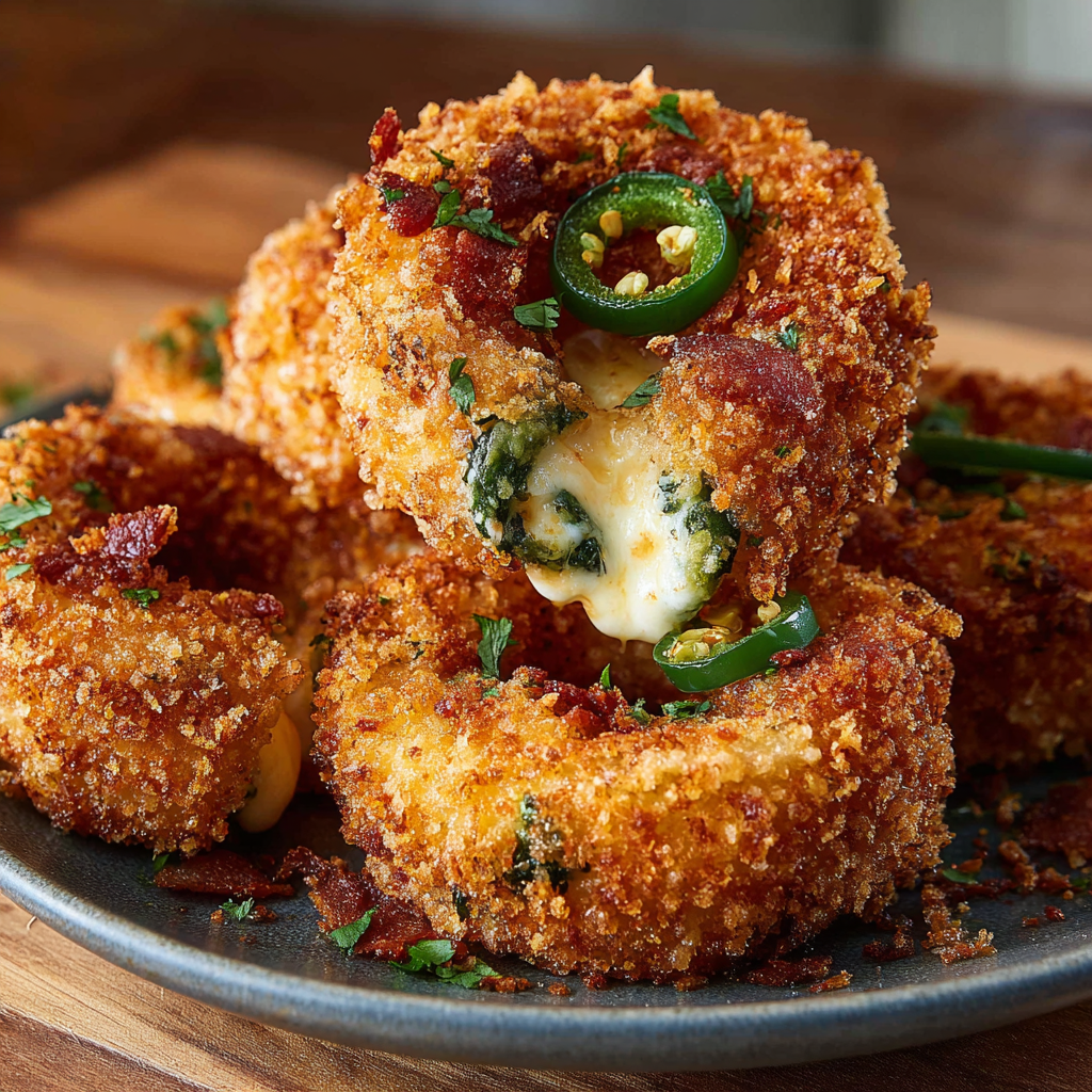 Tray of stuffed onion rings ready to fry