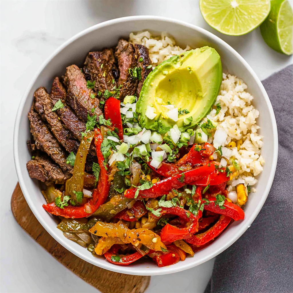 Steak fajita bowl with quinoa and toppings