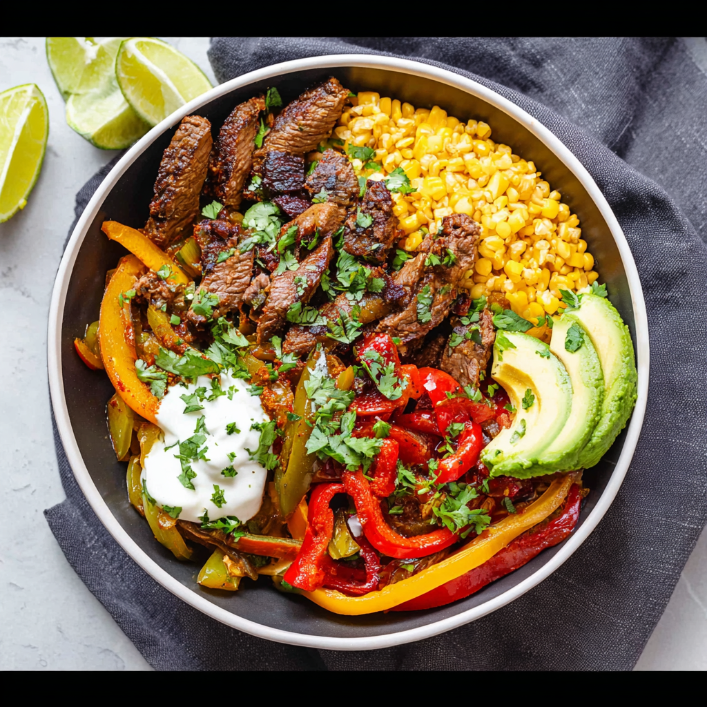 Close up of sliced steak and peppers